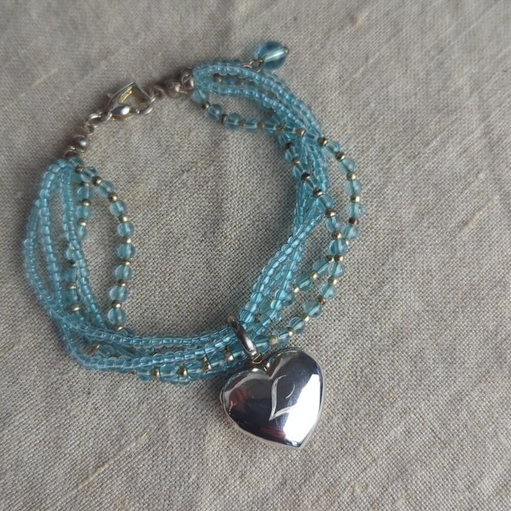Vintage Blue Glass Beaded Bracelet Heart Locket Multi Strand